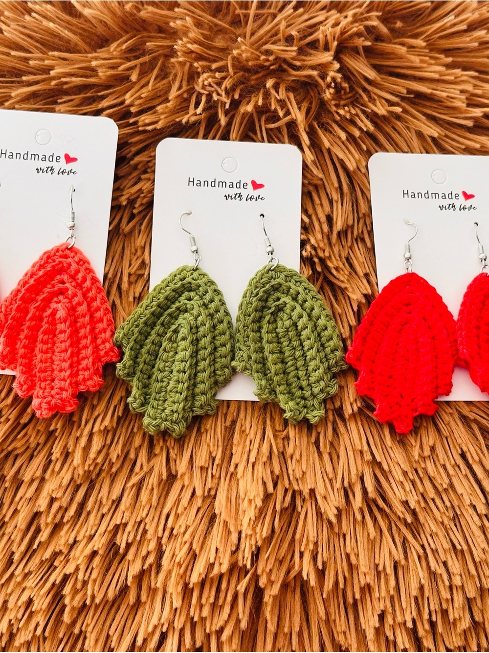 Handmade Olive Green Crochet Leaf Earrings - Handmade with Love
